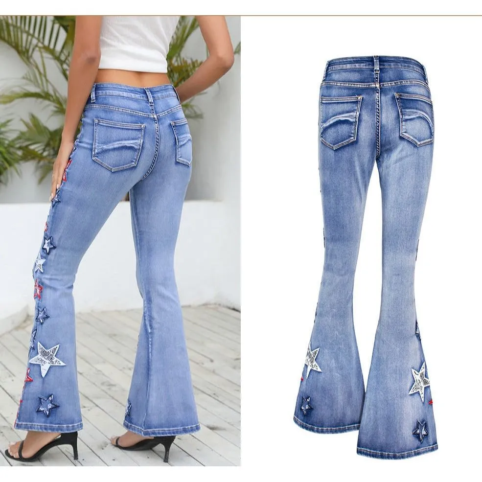 Wide-Leg Denim Bell-Bottom Pants