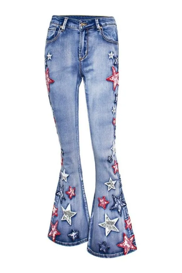 Wide-Leg Denim Bell-Bottom Pants
