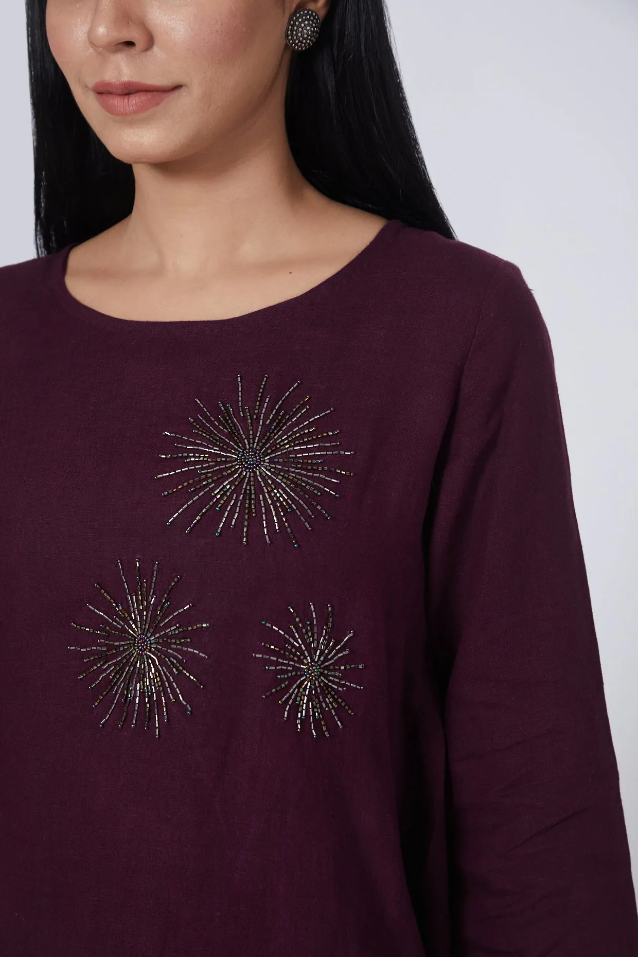 Wine Hand Embroidered Lounge Tunic - 210226