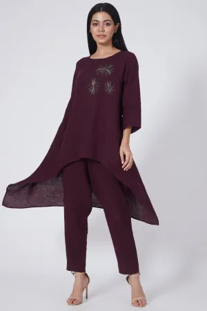 Wine Hand Embroidered Lounge Tunic - 210226