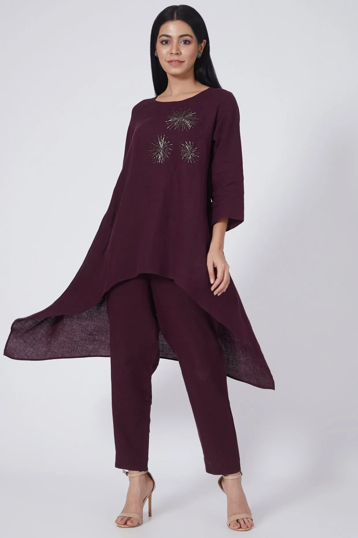 Wine Hand Embroidered Lounge Tunic - 210226
