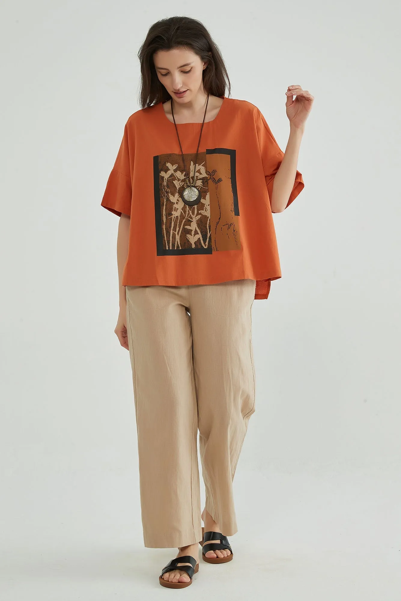 Women Oversize Floral Linen Blouse