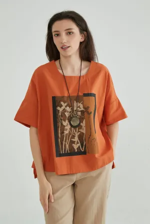 Women Oversize Floral Linen Blouse