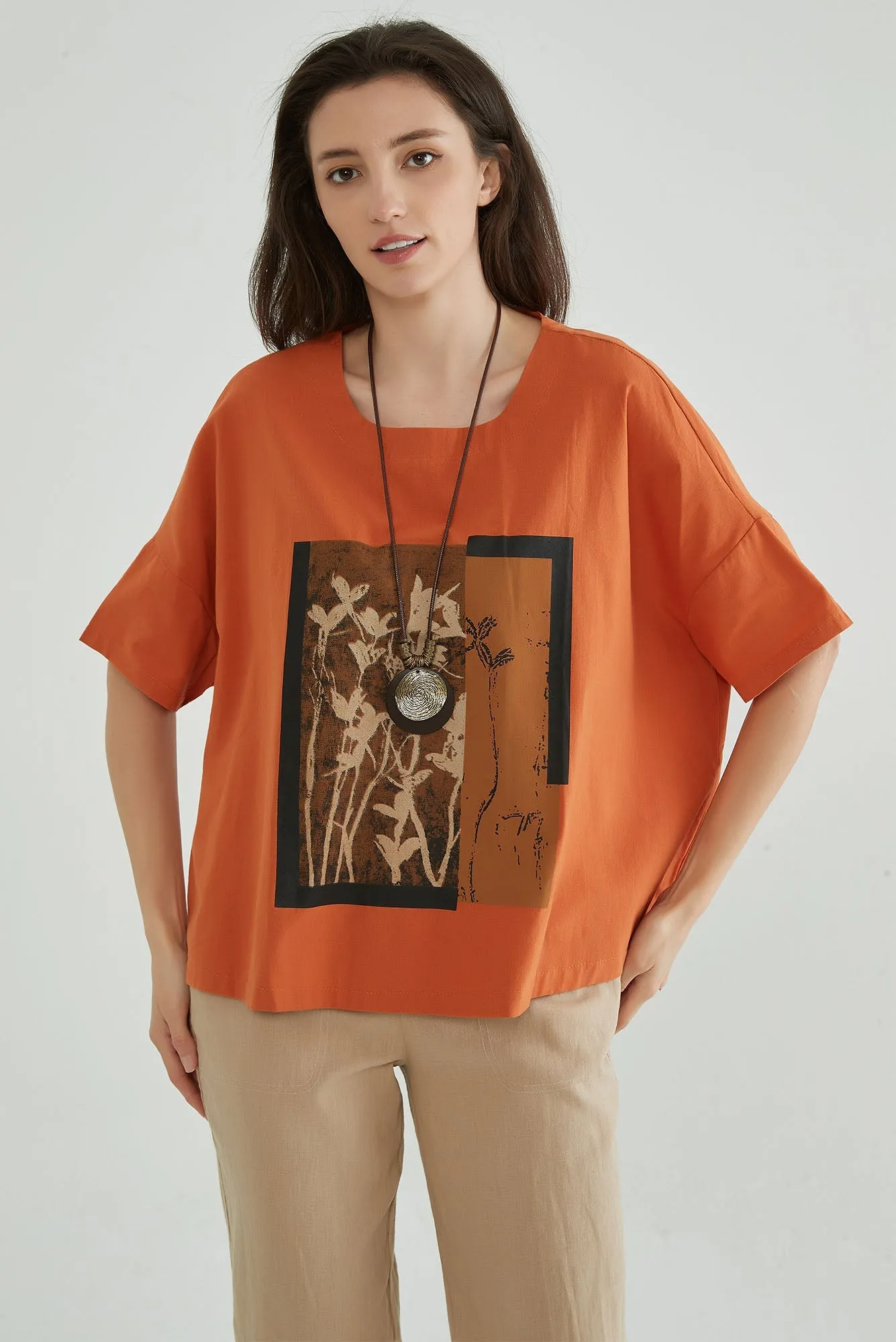 Women Oversize Floral Linen Blouse