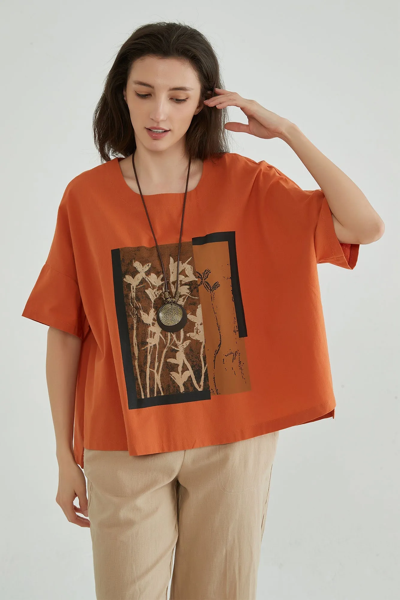 Women Oversize Floral Linen Blouse