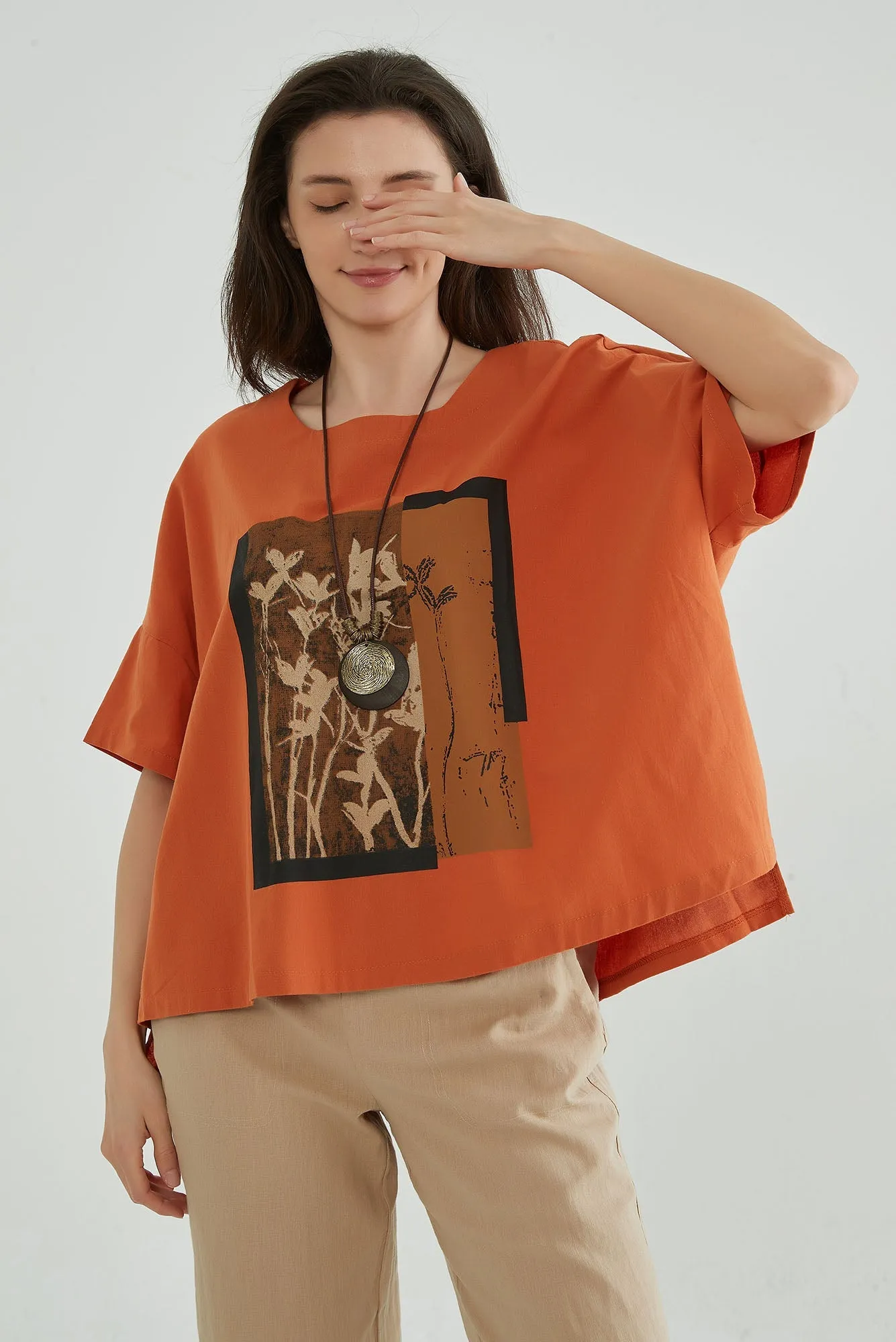 Women Oversize Floral Linen Blouse