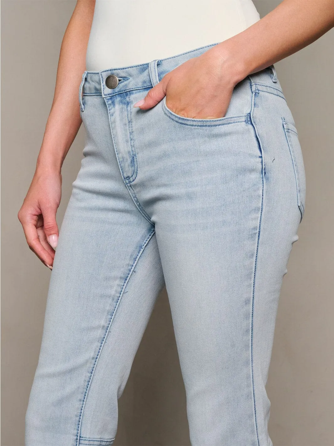 WOMEN'S BUTTON CLOSURE BELL BOTTOMS DENIM WASHED PANTS