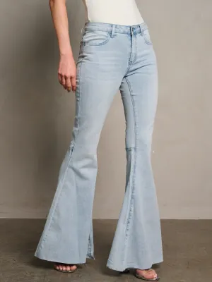 WOMEN'S BUTTON CLOSURE BELL BOTTOMS DENIM WASHED PANTS