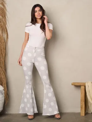 WOMEN'S BUTTON CLOSURE BELL BOTTOMS POLKA DOTS DENIM PANTS