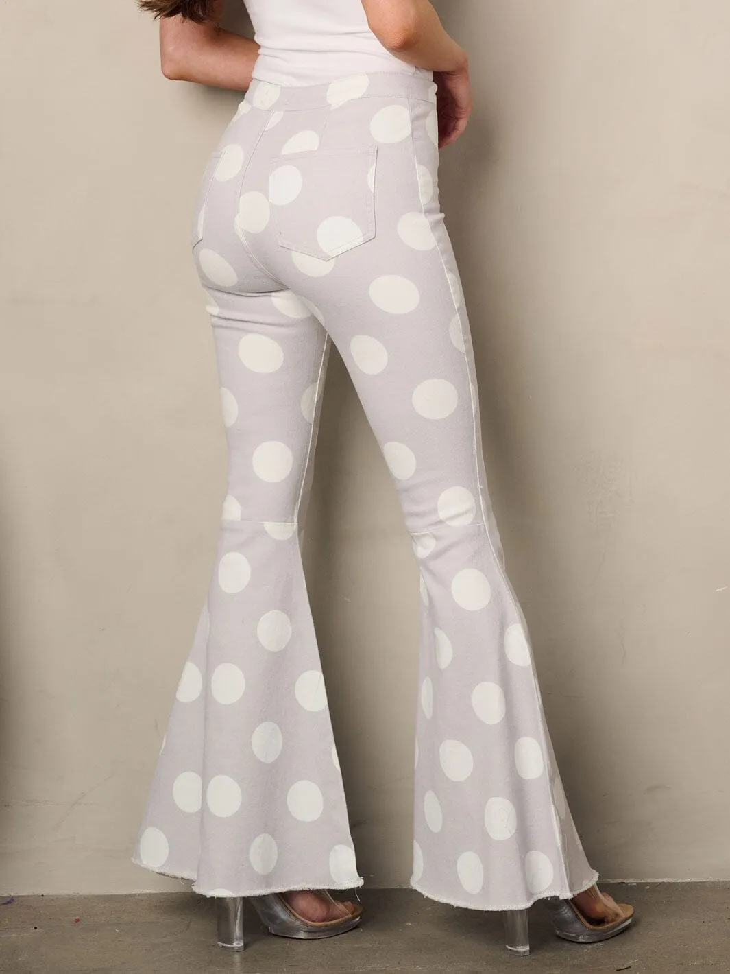 WOMEN'S BUTTON CLOSURE BELL BOTTOMS POLKA DOTS DENIM PANTS