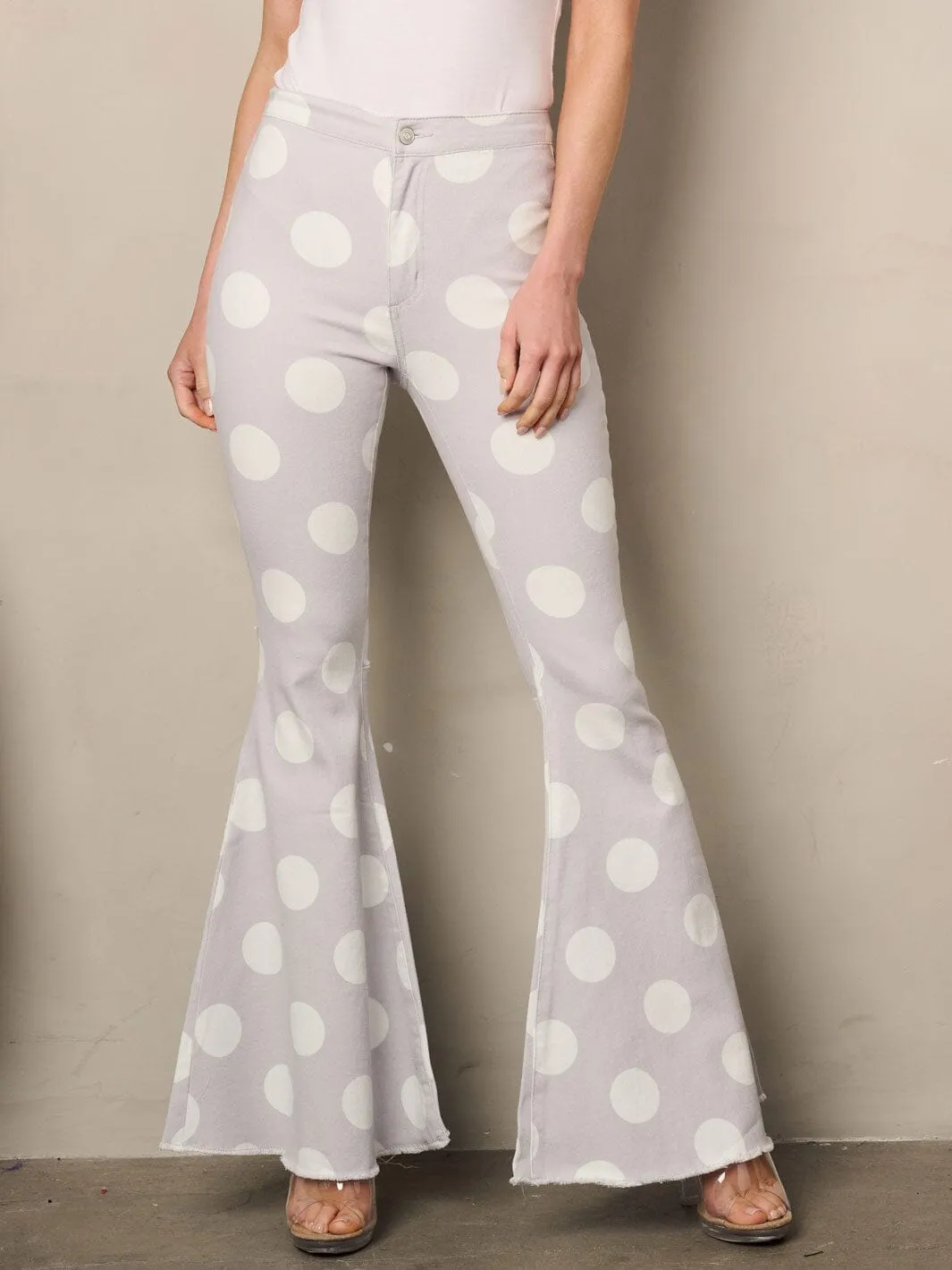 WOMEN'S BUTTON CLOSURE BELL BOTTOMS POLKA DOTS DENIM PANTS
