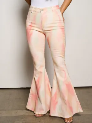 WOMEN'S BUTTON CLOSURE POCKETS TIE DYE BELL LEGS DENIM PANTS