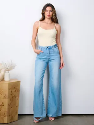 WOMEN'S BUTTON CLOSURE POCKETS WASHED BELL BOTTOM JEANS