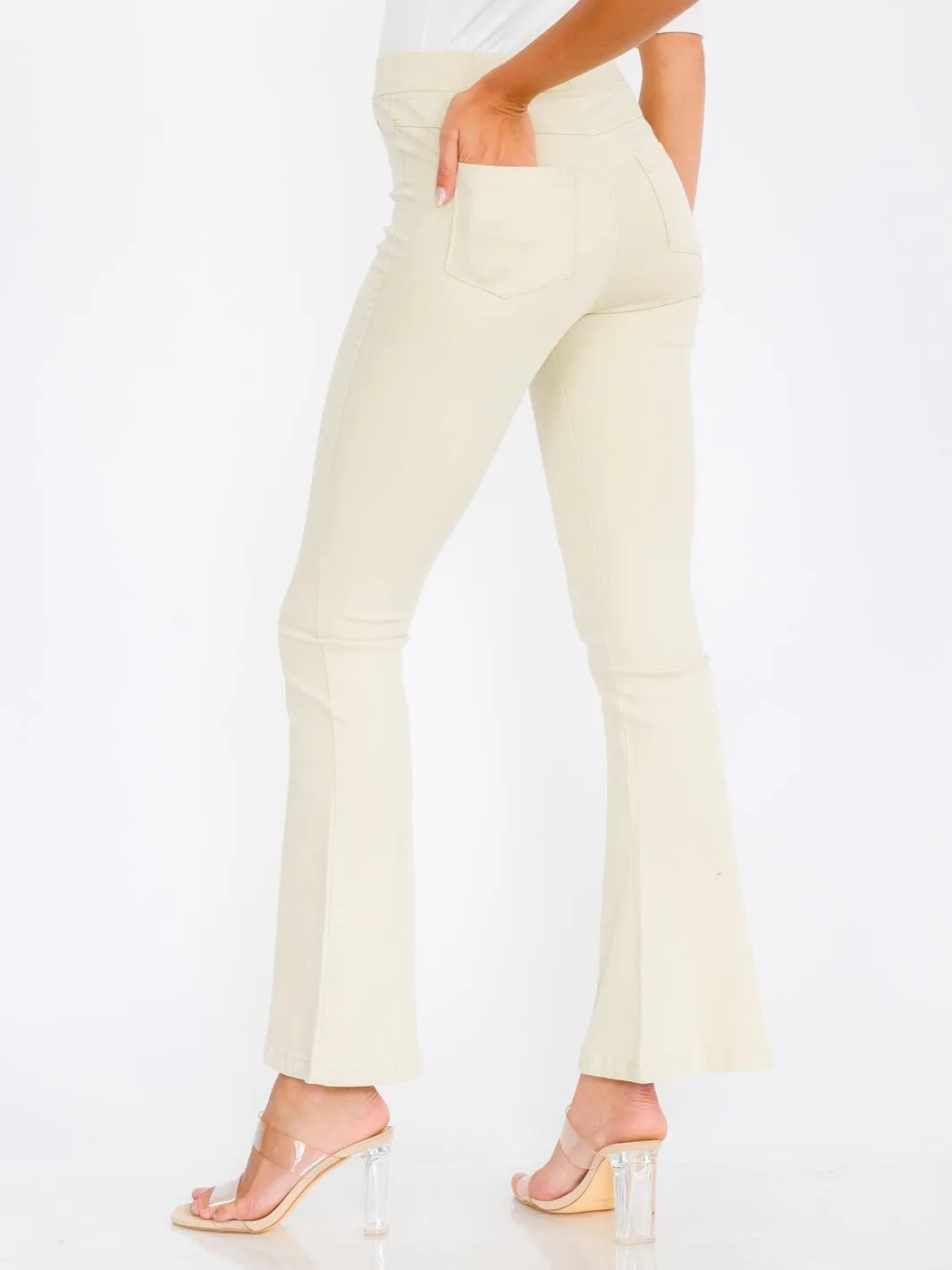 WOMEN'S ELASTIC WAIST BACK POCKETS BELL BOTTOM PANTS