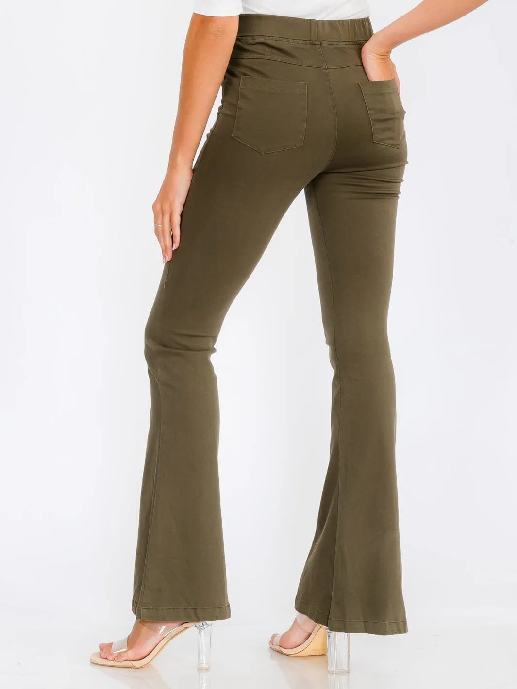 WOMEN'S ELASTIC WAIST BACK POCKETS BELL BOTTOM PANTS
