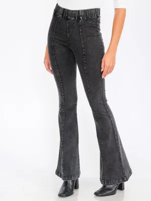 WOMEN'S ELASTIC WAIST BACK POCKETS BELL BOTTOM WASHED PANTS