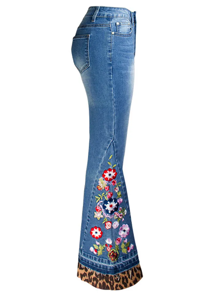 Women's Floral Embroidery Bell Bottom Denim Pants