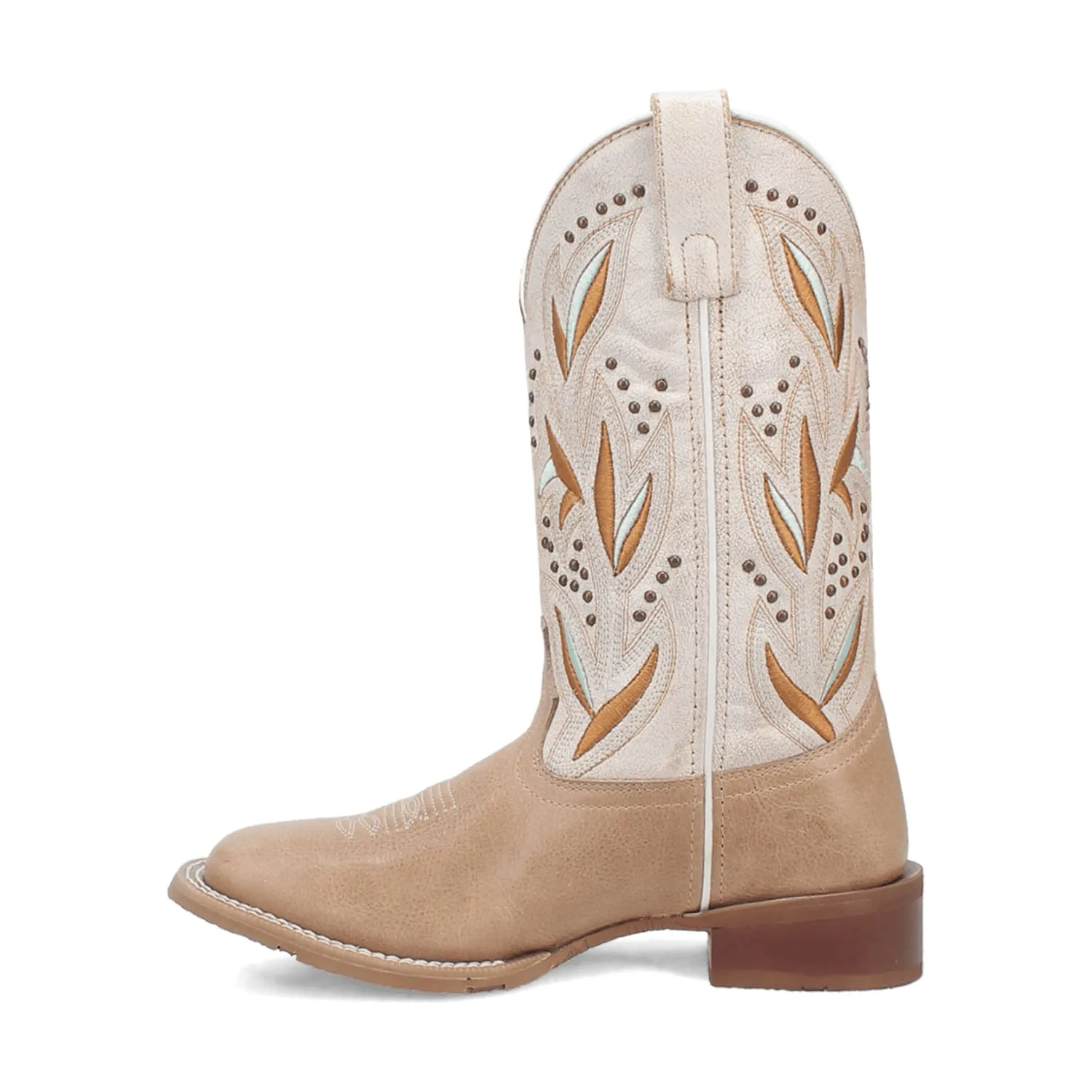 Women's Laredo Sand/White Lydia Broad Square Toe Western Boots With Embroidered & Nail Head Accents on the Tops