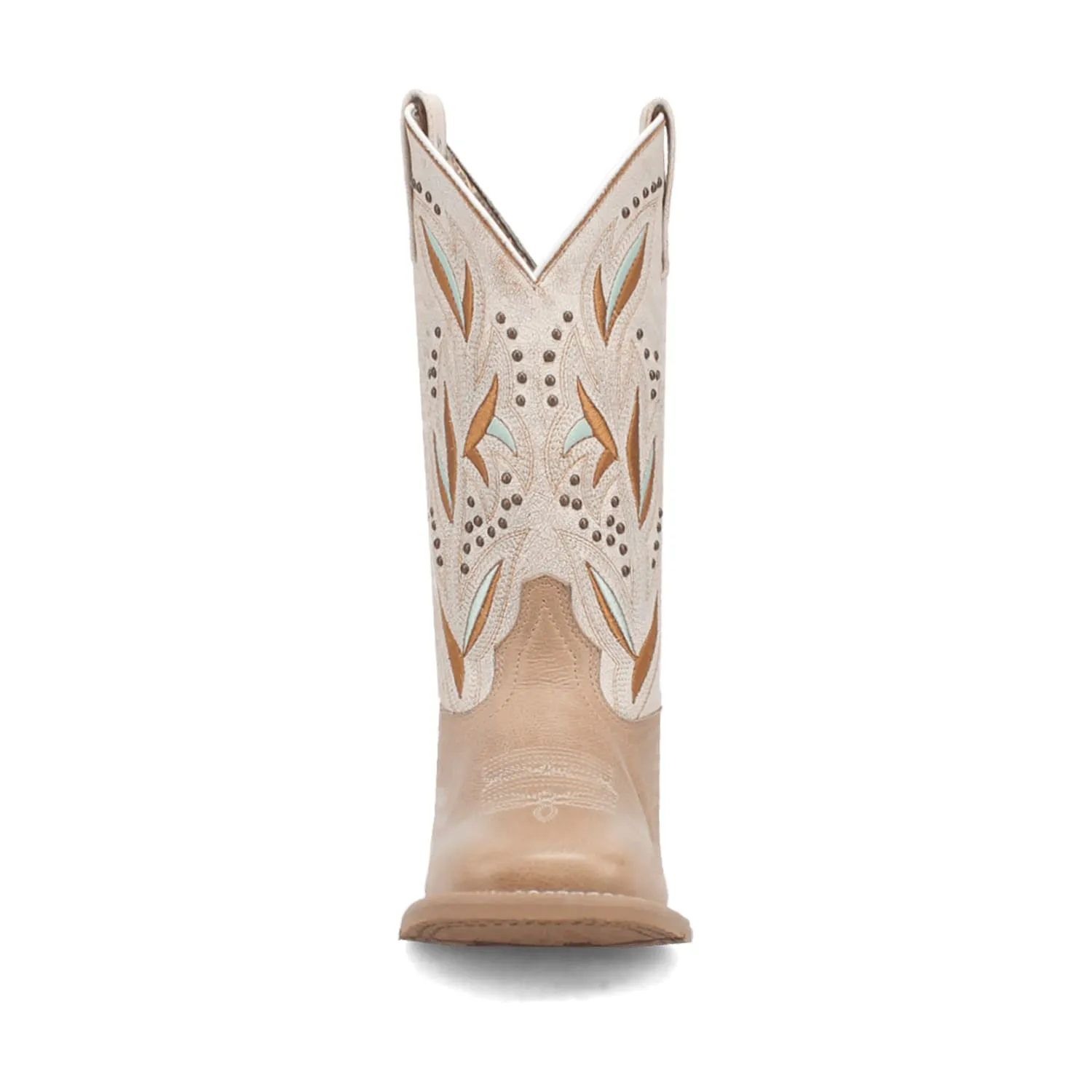 Women's Laredo Sand/White Lydia Broad Square Toe Western Boots With Embroidered & Nail Head Accents on the Tops