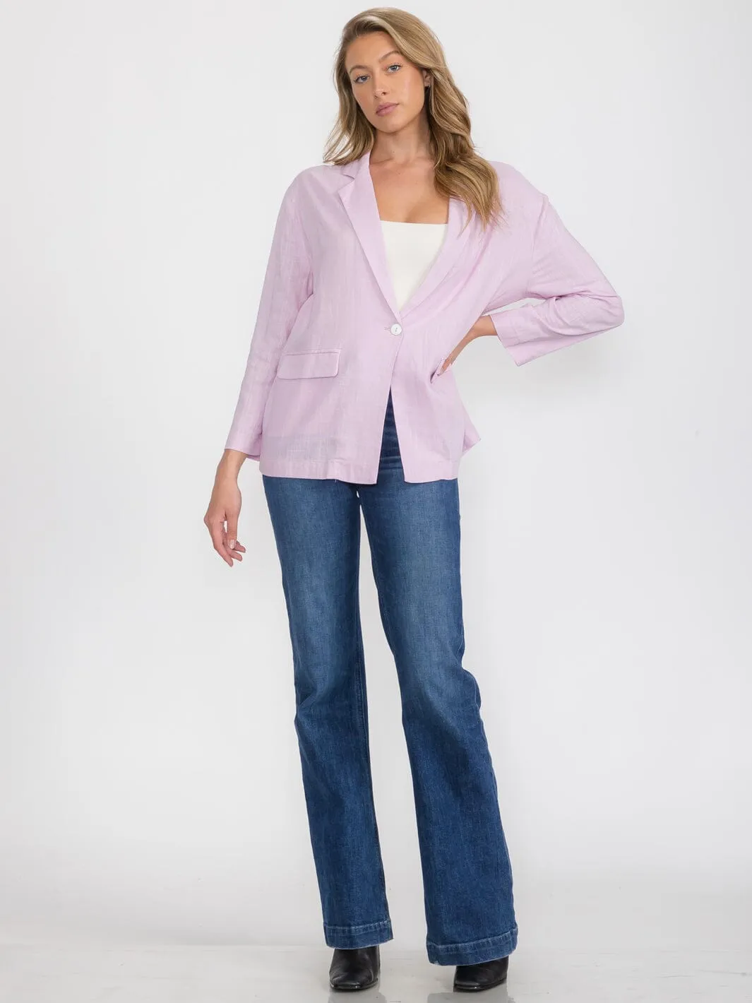 WOMEN'S LONG SLEEVE BUTTON CLOSURE FRONT POCKETS LINEN BLAZER