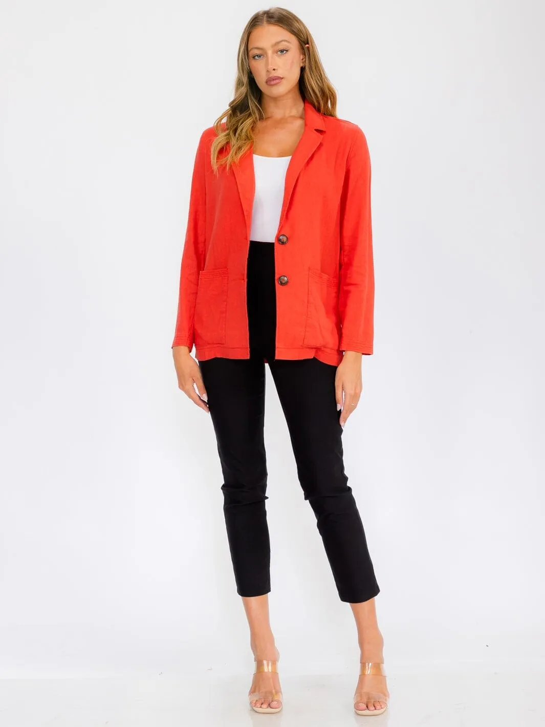 WOMEN'S LONG SLEEVE BUTTON CLOSURE POCKETS LINEN BLAZER