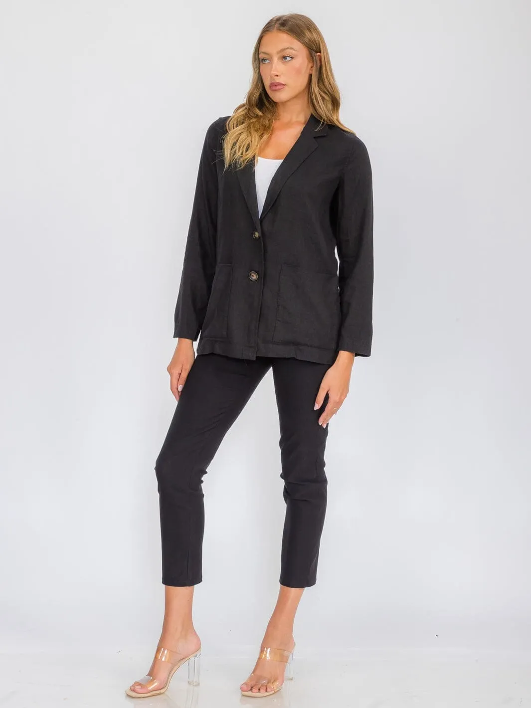 WOMEN'S LONG SLEEVE BUTTON CLOSURE POCKETS LINEN BLAZER