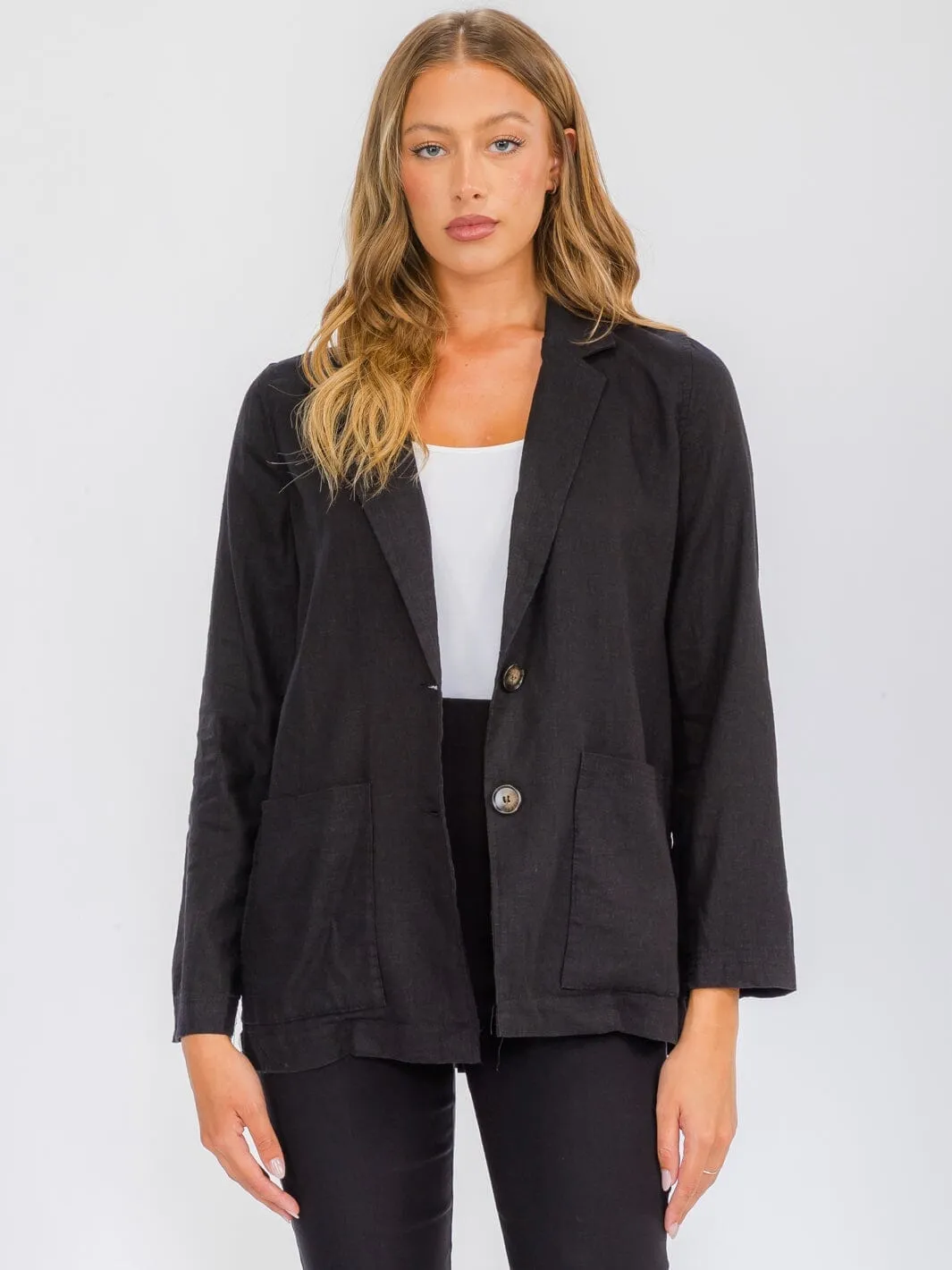 WOMEN'S LONG SLEEVE BUTTON CLOSURE POCKETS LINEN BLAZER