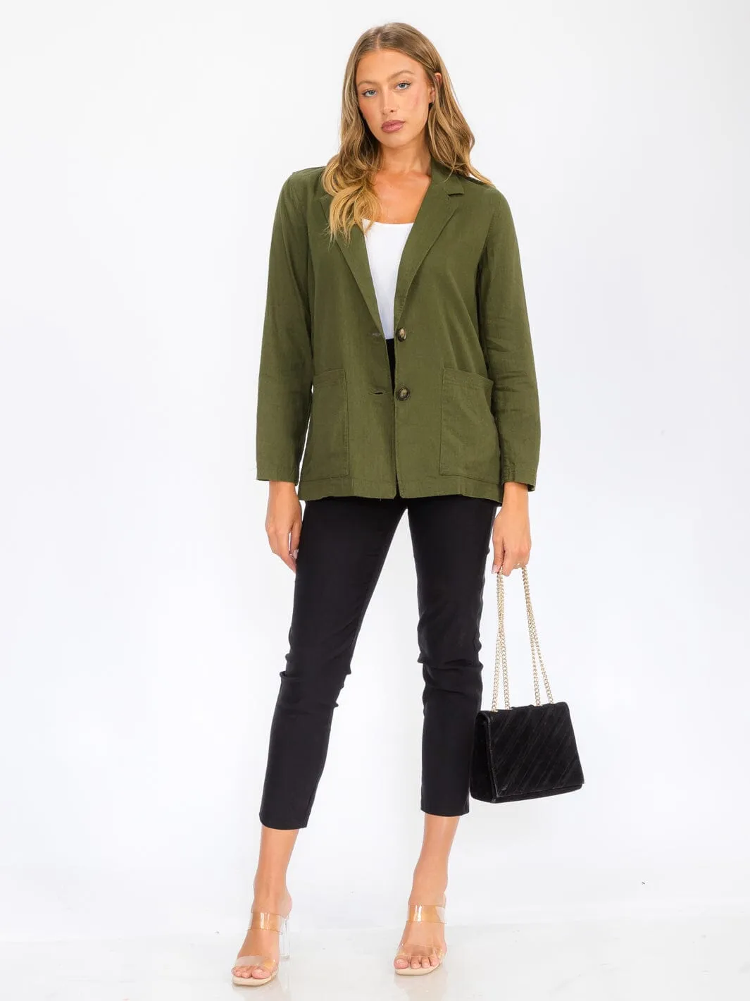 WOMEN'S LONG SLEEVE BUTTON CLOSURE POCKETS LINEN BLAZER