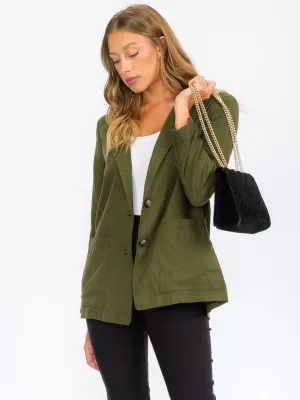 WOMEN'S LONG SLEEVE BUTTON CLOSURE POCKETS LINEN BLAZER