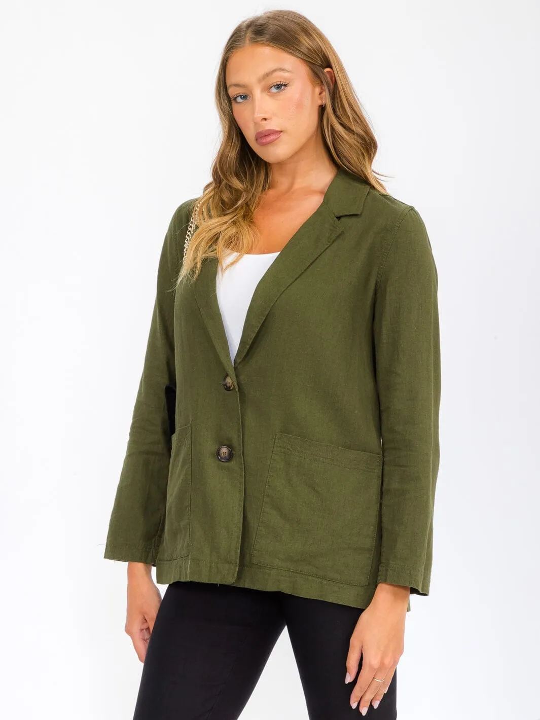 WOMEN'S LONG SLEEVE BUTTON CLOSURE POCKETS LINEN BLAZER