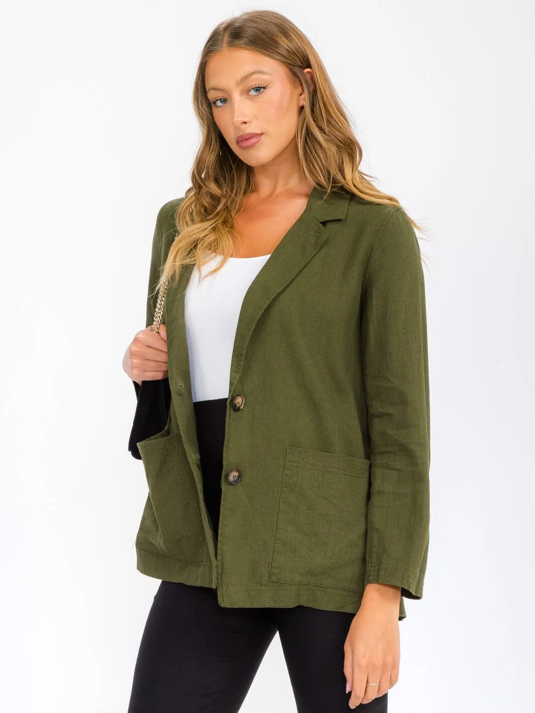 WOMEN'S LONG SLEEVE BUTTON CLOSURE POCKETS LINEN BLAZER