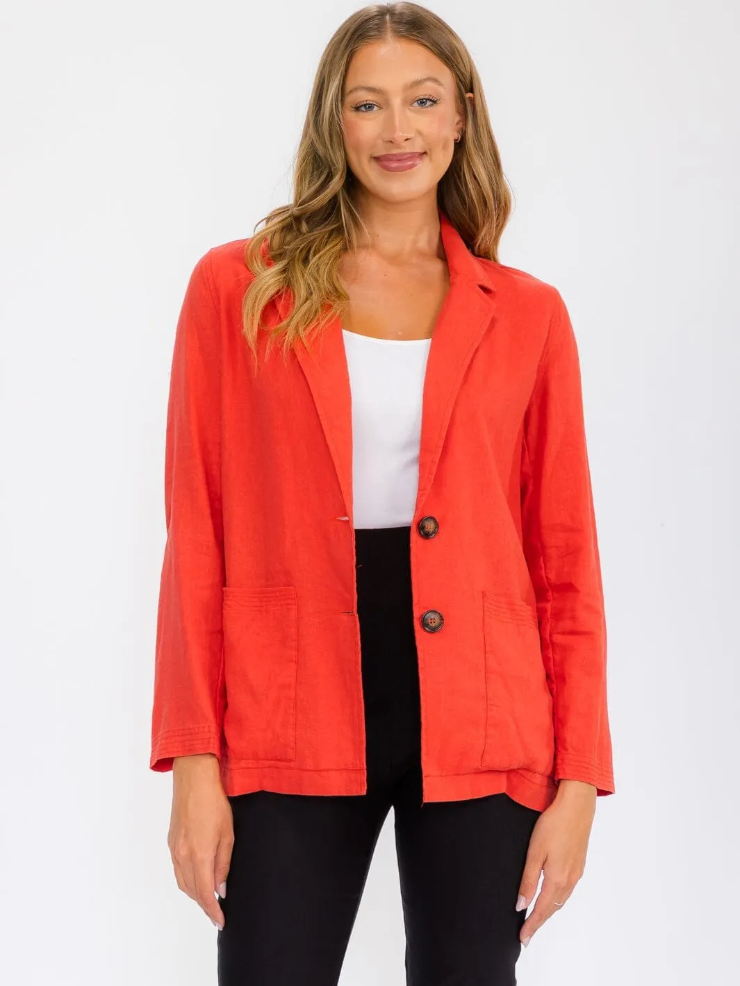 WOMEN'S LONG SLEEVE BUTTON CLOSURE POCKETS LINEN BLAZER
