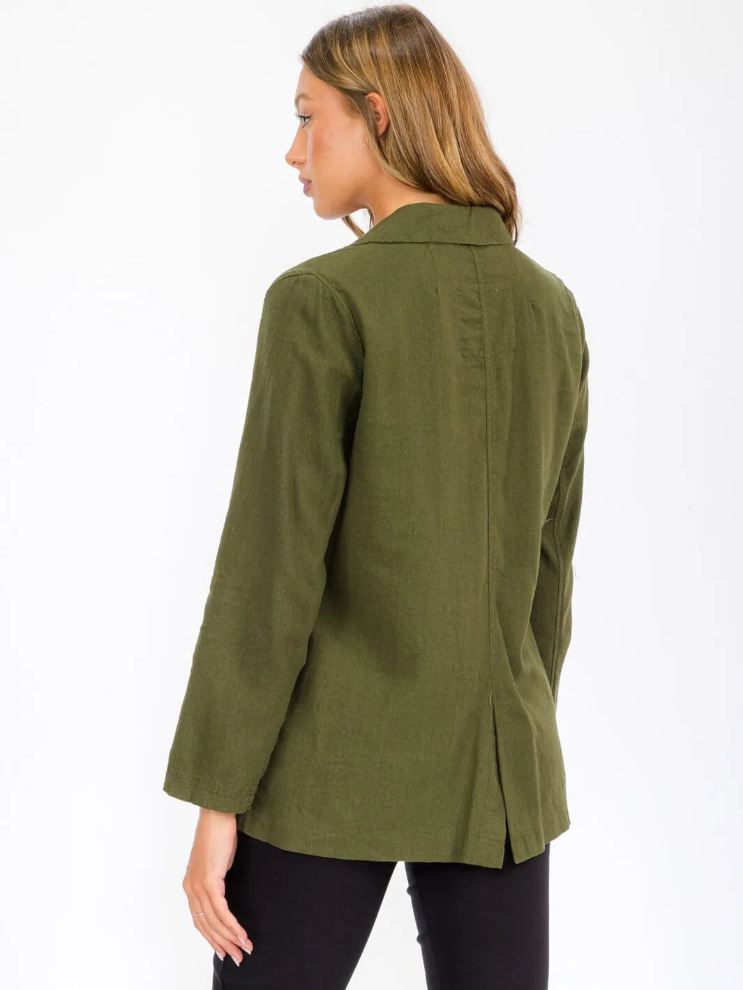 WOMEN'S LONG SLEEVE BUTTON CLOSURE POCKETS LINEN BLAZER