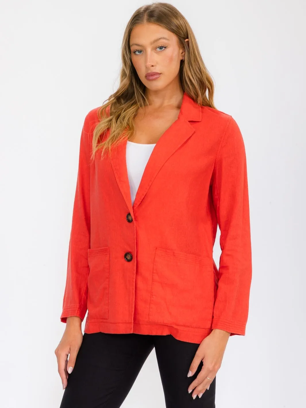 WOMEN'S LONG SLEEVE BUTTON CLOSURE POCKETS LINEN BLAZER