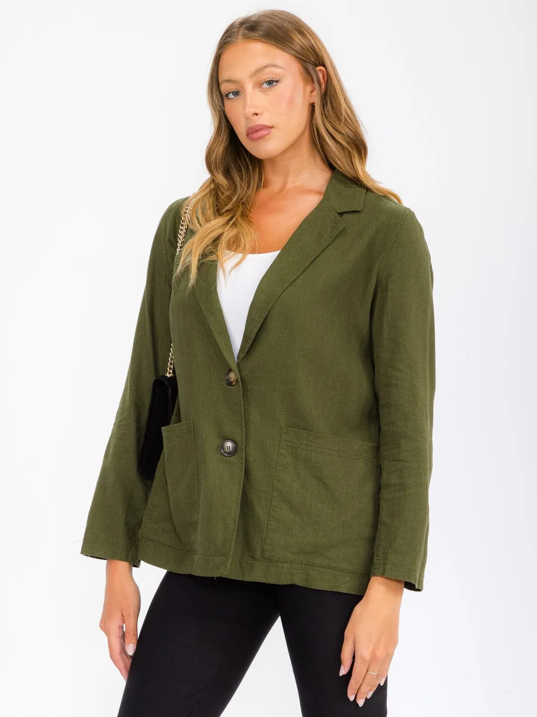 WOMEN'S LONG SLEEVE BUTTON CLOSURE POCKETS LINEN BLAZER