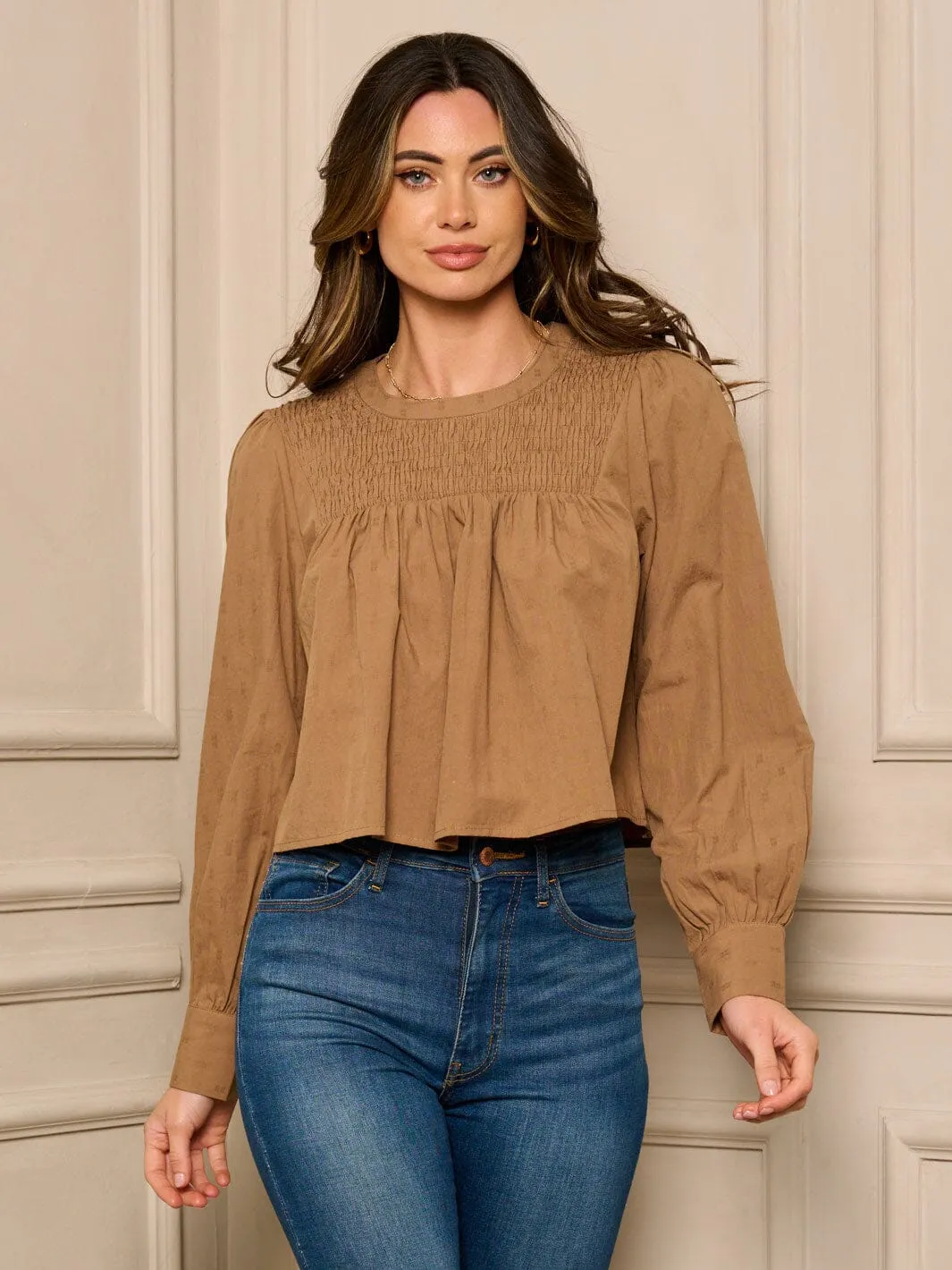 WOMEN'S LONG SLEEVE SMOCK DETAILED TOP