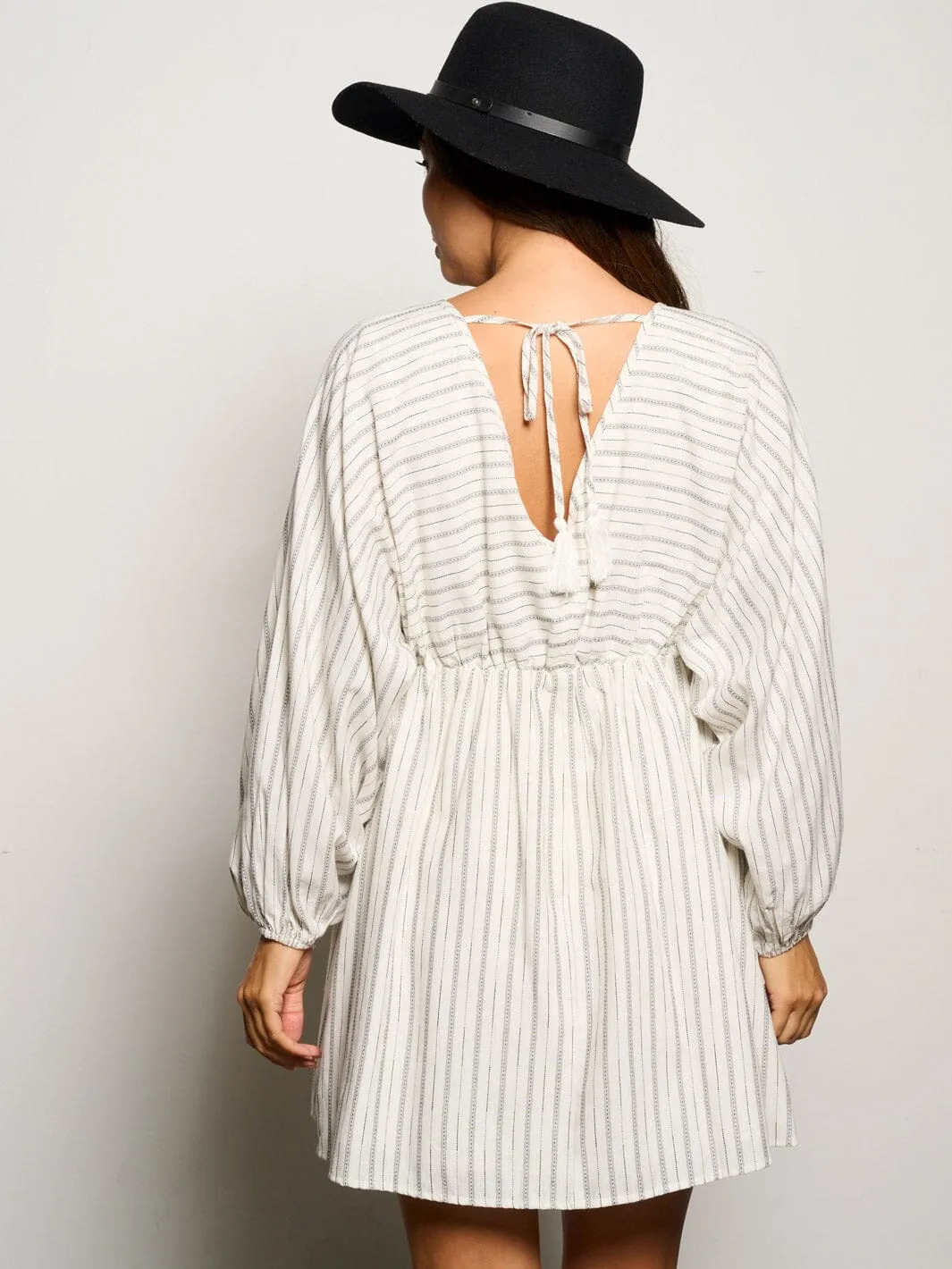 WOMEN'S LONG SLEEVE V-NECK STRIPES TUNIC MINI DRESS
