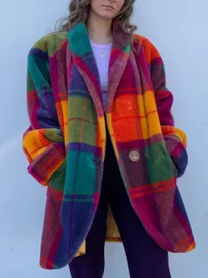 Women's Oversized Faux Fur Plaid Coat - Colourful Checkered Winter Jacket for Bold & Cozy Style