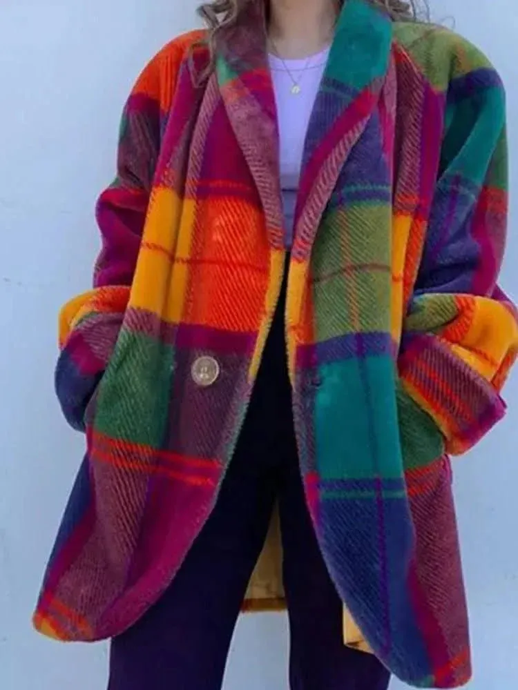 Women's Oversized Faux Fur Plaid Coat - Colourful Checkered Winter Jacket for Bold & Cozy Style