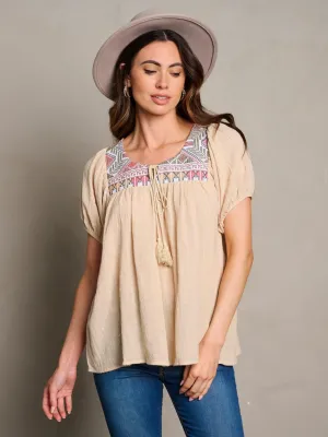 WOMEN'S SHORT SLEEVE EMBROIDERY TUNIC BLOUSE TOP