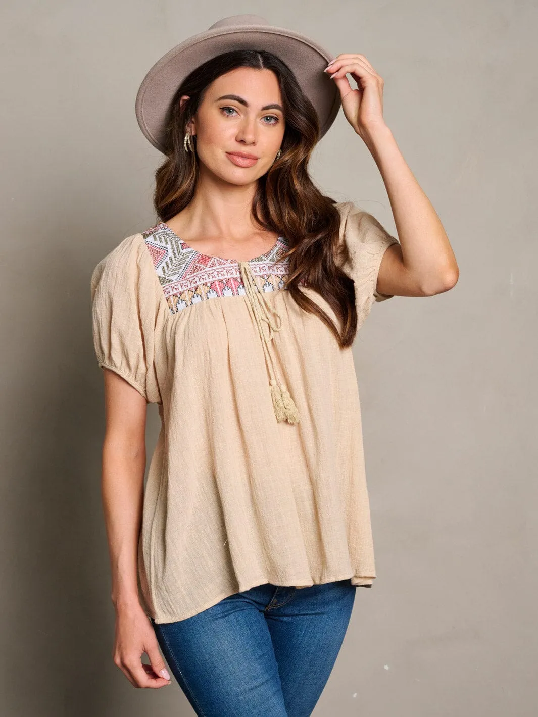 WOMEN'S SHORT SLEEVE EMBROIDERY TUNIC BLOUSE TOP