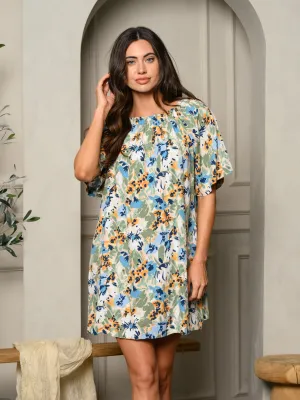 WOMEN'S SHORT SLEEVE FLORAL OPEN BACK TUNIC MINI DRESS