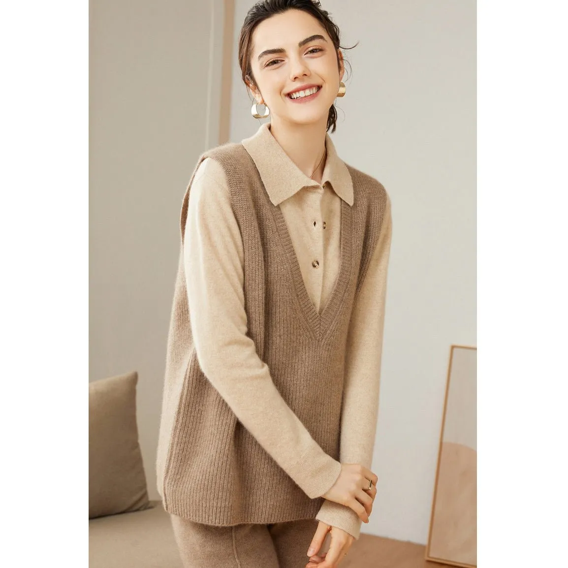 Womens V-Neck Sleeveless Cashmere Vest Ribbed Trim Cashmere Waistcoat