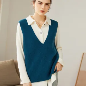 Womens V-Neck Sleeveless Cashmere Vest Ribbed Trim Cashmere Waistcoat