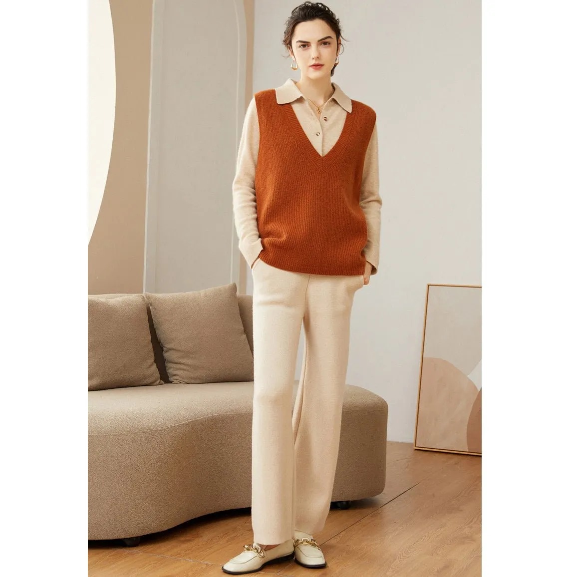 Womens V-Neck Sleeveless Cashmere Vest Ribbed Trim Cashmere Waistcoat