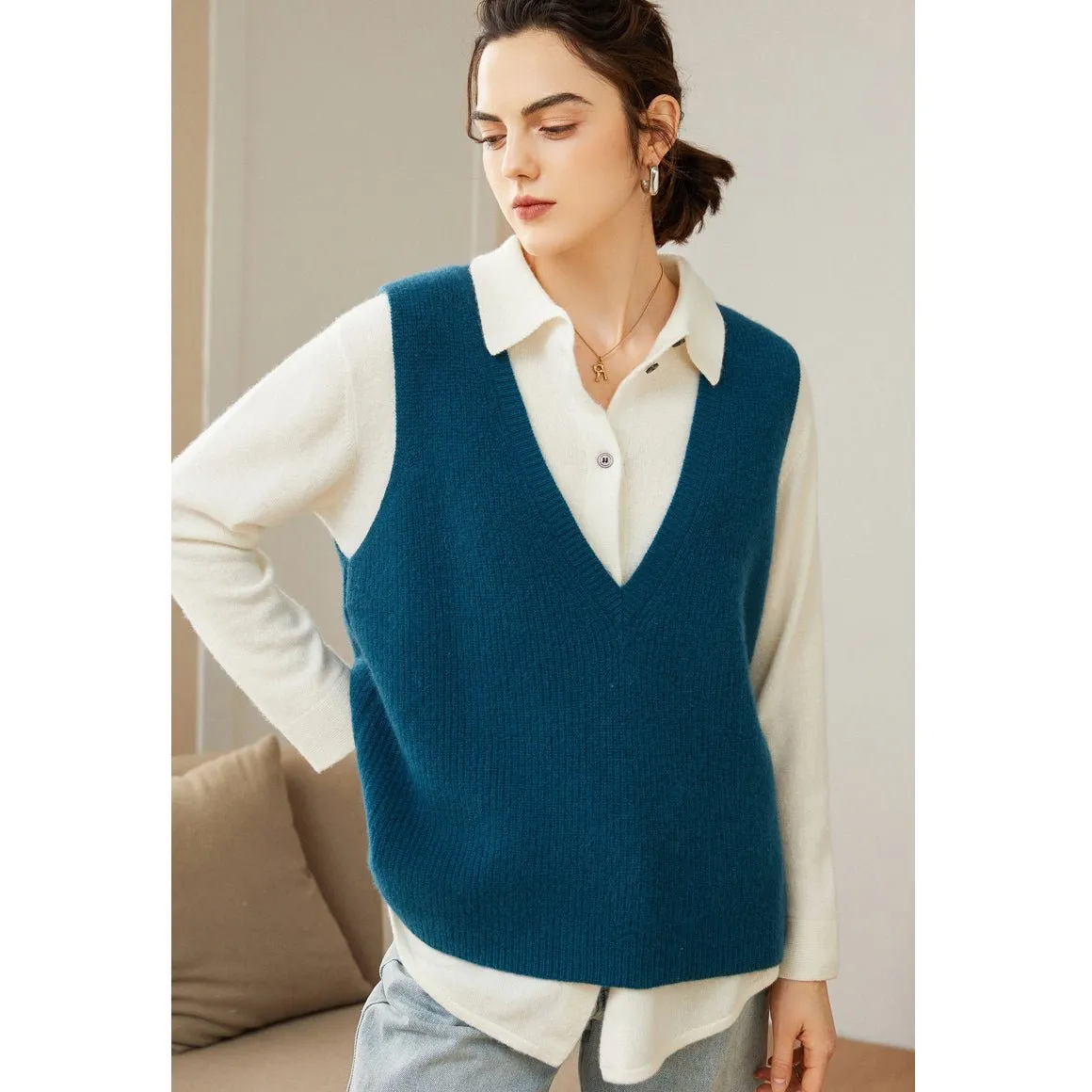Womens V-Neck Sleeveless Cashmere Vest Ribbed Trim Cashmere Waistcoat