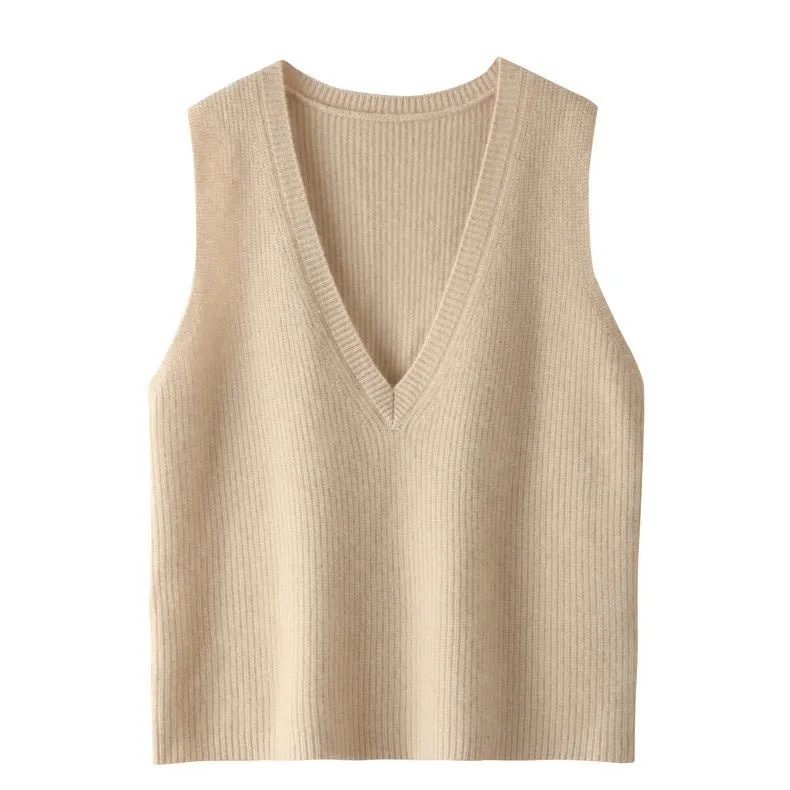 Womens V-Neck Sleeveless Cashmere Vest Ribbed Trim Cashmere Waistcoat