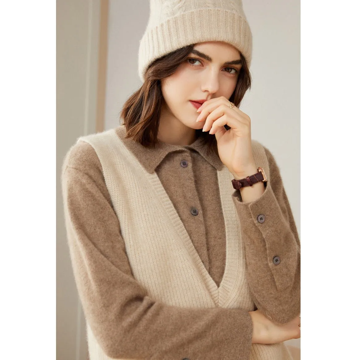 Womens V-Neck Sleeveless Cashmere Vest Ribbed Trim Cashmere Waistcoat
