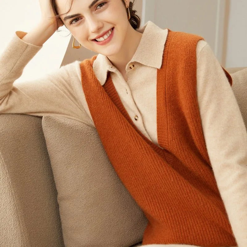 Womens V-Neck Sleeveless Cashmere Vest Ribbed Trim Cashmere Waistcoat