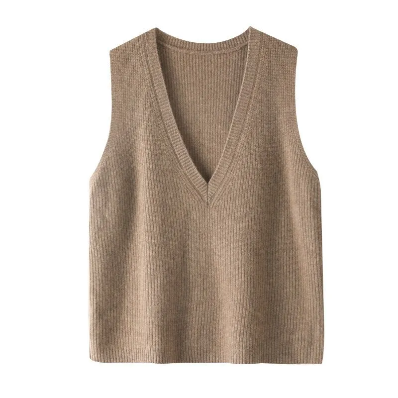 Womens V-Neck Sleeveless Cashmere Vest Ribbed Trim Cashmere Waistcoat